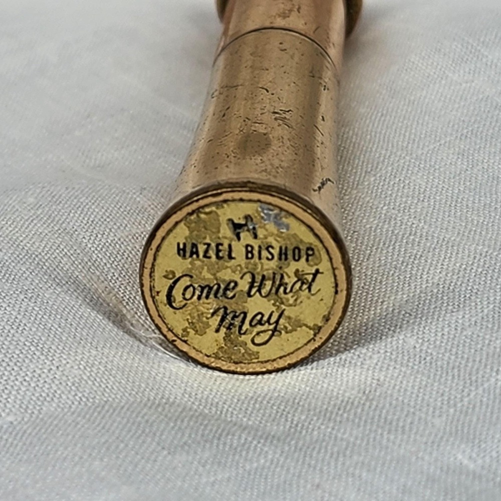 Vintage Hazel Bishop Lipstick Case Gold Tone Metal Come What May New York MCM - Picture 4 of 11